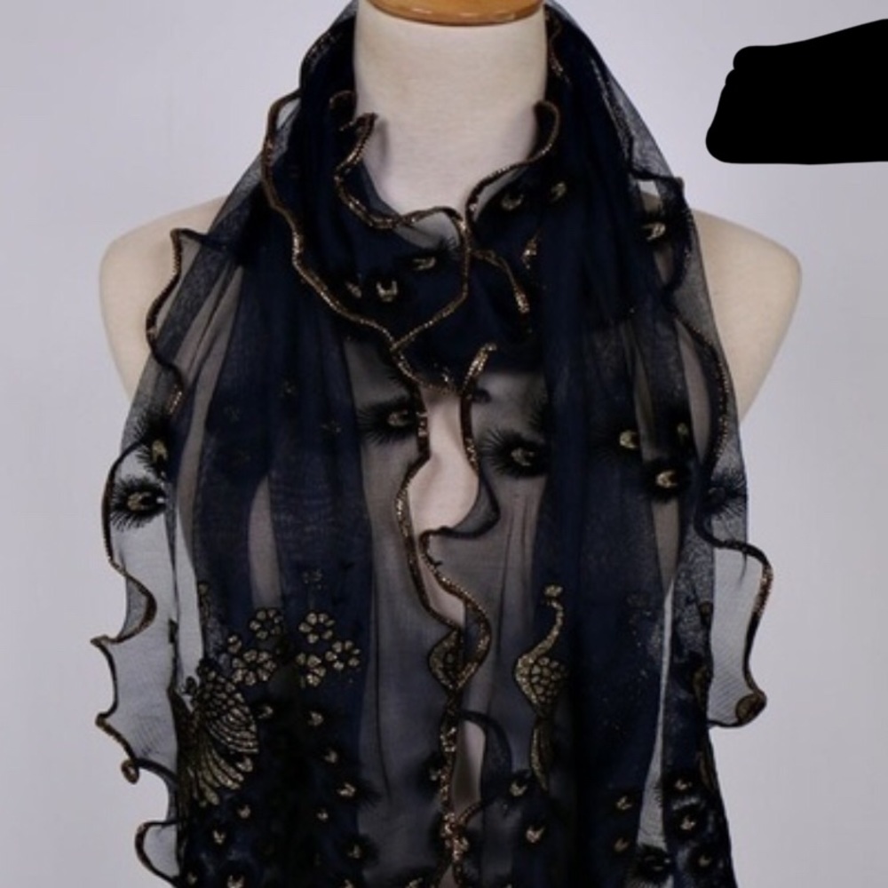 Beautiful peacock wrap around scarf in black